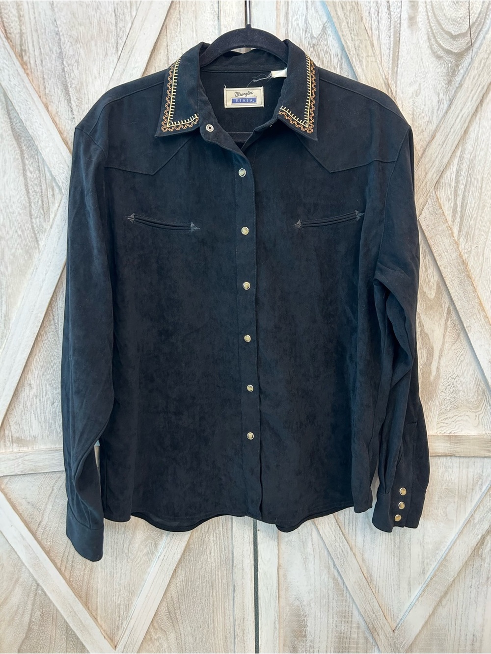 Wrangler Riata Black Suede Like Western-Style Snap Front Shirt with Embroidery